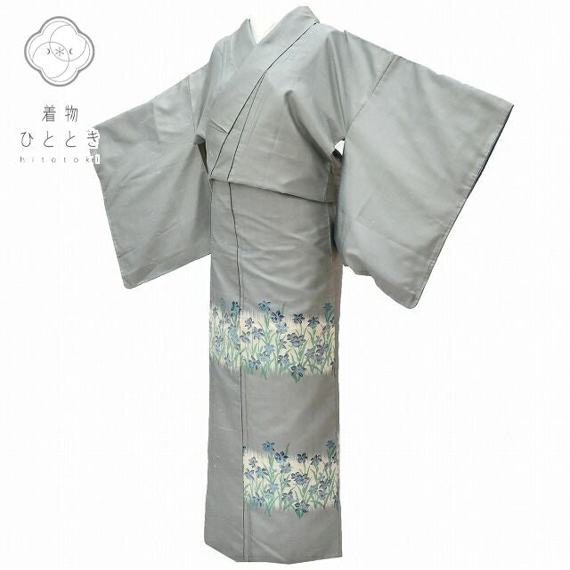 Vintage Japanese Kimono | Hakusan Tsumugi Kimono | Gray Silk | Iris Pattern | Unused | Size M | Sustainable | rr0940b