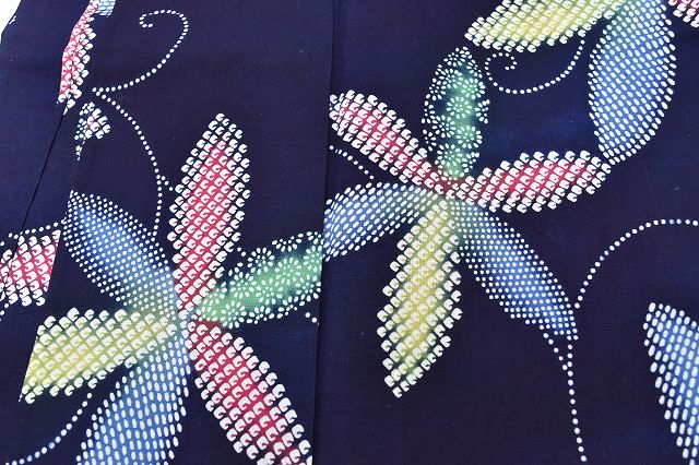Vintage Japanese Yukata | Women's Yukata & Pre-tied Obi Set | Navy Cotton | Floral Pattern | Size SS | Sustainable | rr0981b