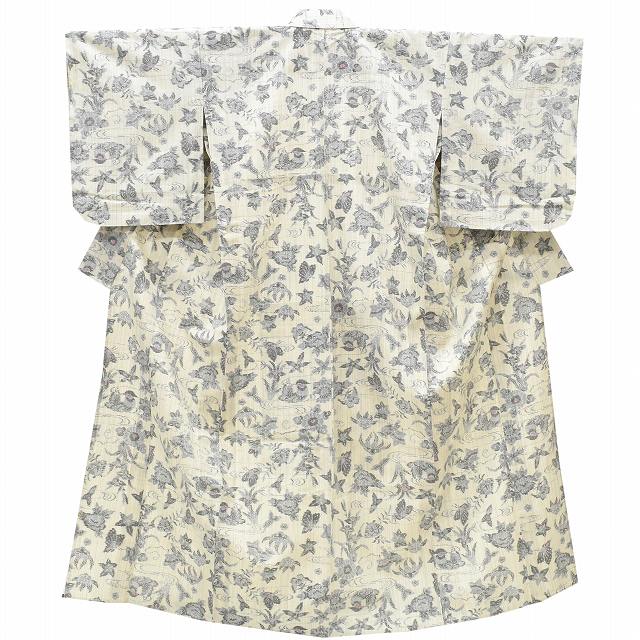 Vintage Japanese Kimono | Tsumugi Kimono | White Silk | Stream Floral Pattern | Unlined | Size S | Sustainable | rr1007b