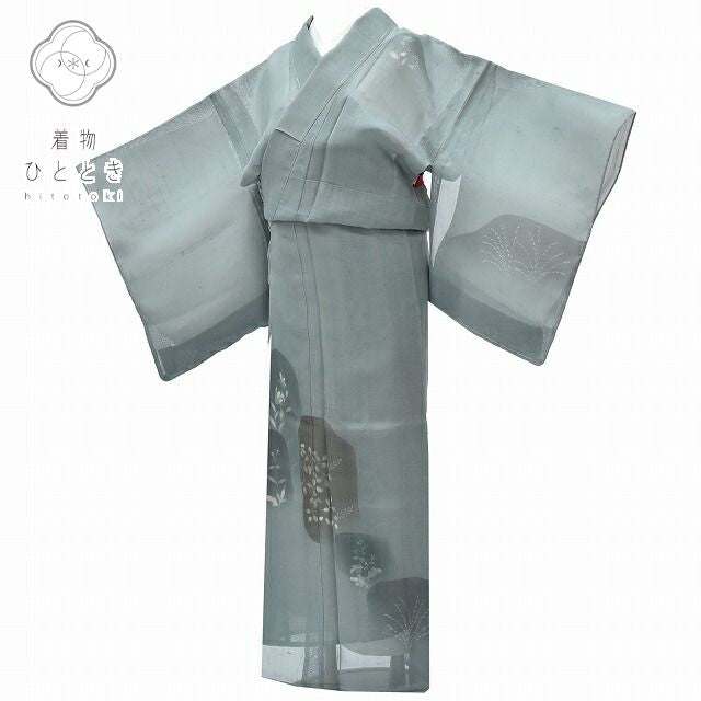 Vintage Japanese Kimono | Summer Tsumugi Kimono | Gray Silk | Botanical Pattern | Unused | Size L | Sustainable | rr1143b