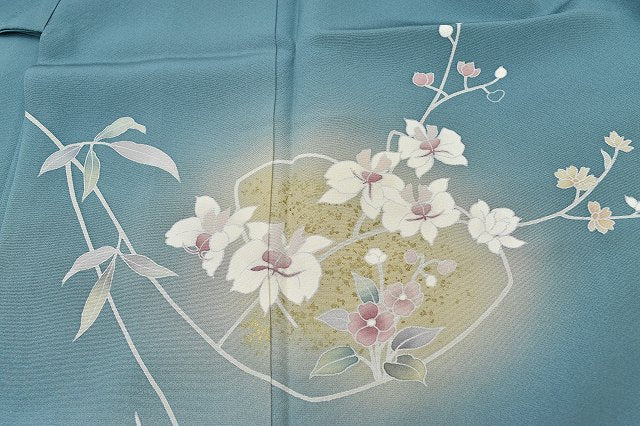 Vintage Japanese Kimono | Houmongi Kimono | Blue Silk | Floral Pattern | Size SS-L | Sustainable | rr1178b
