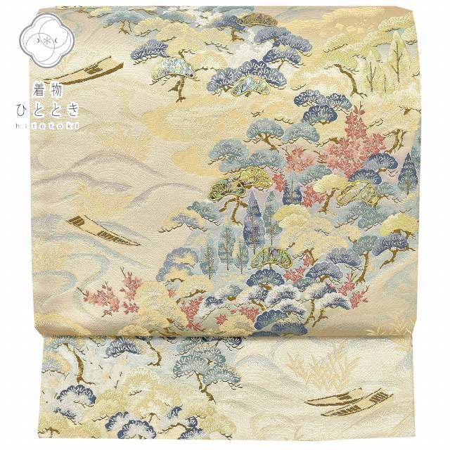 Vintage Japanese Obi | Fukuro Obi | Cream Silk | Landscape Pattern | Raden Inlay | Kara-ori | Excellent | Sustainable | rr1203b