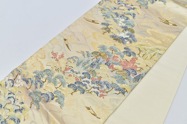 Vintage Japanese Obi | Fukuro Obi | Cream Silk | Landscape Pattern | Raden Inlay | Kara-ori | Excellent | Sustainable | rr1203b