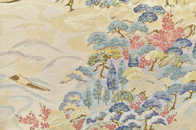 Vintage Japanese Obi | Fukuro Obi | Cream Silk | Landscape Pattern | Raden Inlay | Kara-ori | Excellent | Sustainable | rr1203b