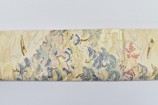 Vintage Japanese Obi | Fukuro Obi | Cream Silk | Landscape Pattern | Raden Inlay | Kara-ori | Excellent | Sustainable | rr1203b