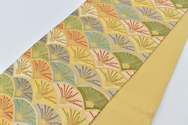 Vintage Japanese Obi | Fukuro Obi | Gold Ochre Silk | Seigaiha Wave Pattern | Kara-ori | Excellent | Sustainable | rr1204b