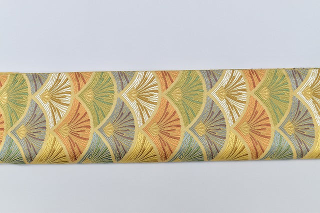 Vintage Japanese Obi | Fukuro Obi | Gold Ochre Silk | Seigaiha Wave Pattern | Kara-ori | Excellent | Sustainable | rr1204b