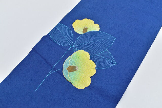 Vintage Japanese Obi | Nagoya Obi | Blue Silk Habutae | Camellia Pattern | Sustainable | rr1355b