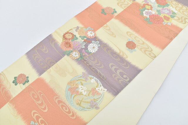 Vintage Japanese Obi | Fukuro Obi | Beige Purple Silk | Kanze Water Circle Pattern | Kara-ori | Excellent | Sustainable | rr1367b
