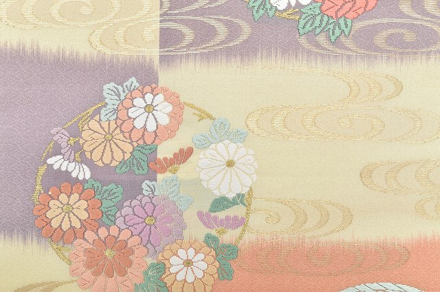 Vintage Japanese Obi | Fukuro Obi | Beige Purple Silk | Kanze Water Circle Pattern | Kara-ori | Excellent | Sustainable | rr1367b