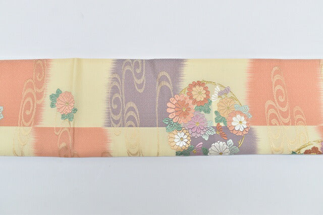 Vintage Japanese Obi | Fukuro Obi | Beige Purple Silk | Kanze Water Circle Pattern | Kara-ori | Excellent | Sustainable | rr1367b