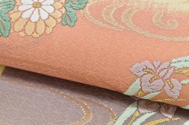 Vintage Japanese Obi | Fukuro Obi | Beige Purple Silk | Kanze Water Circle Pattern | Kara-ori | Excellent | Sustainable | rr1367b