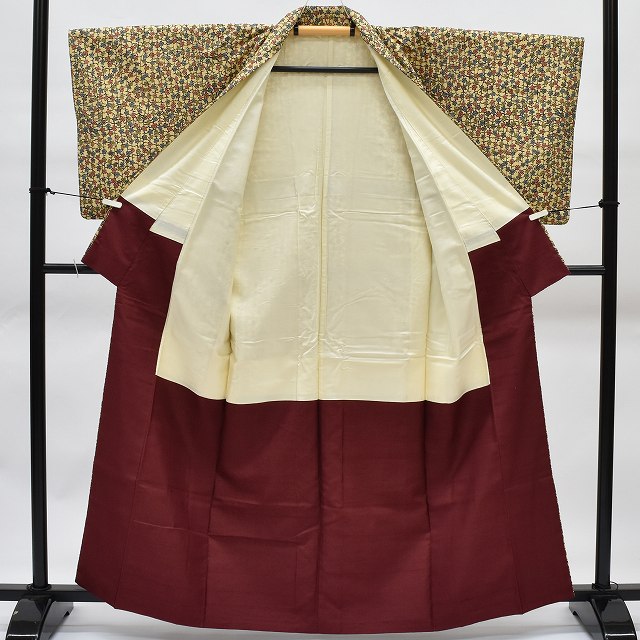 Vintage Japanese Kimono | Tsumugi Kimono | Dark Beige Silk | Floral Pattern | Size S | Sustainable | rr1380b