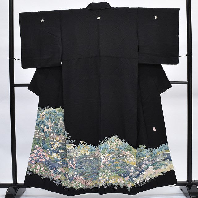 Vintage Japanese Kimono | Black Tomesode Kimono | Silk | Five Crests | Facing Crane | Yuzen | Artist Signed | Sustainable | rr1422b