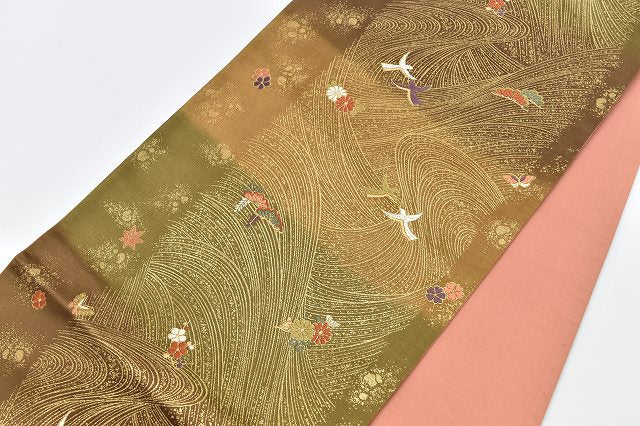 Vintage Japanese Obi | Fukuro Obi | Brown Silk | Stream Pattern | Formal | Sustainable | rr1445b