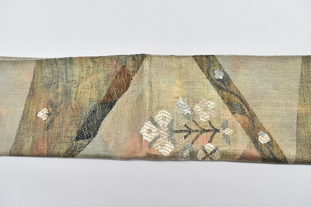 Vintage Japanese Obi | Summer Fukuro Obi | Brown Silk | Floral Embroidery | Tsumugi Ground | Sustainable | rr1468b