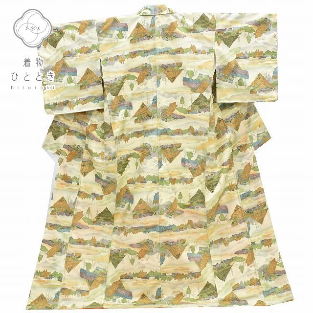 Vintage Japanese Kimono | Tsumugi Kimono | Cream Beige Silk | Landscape Pattern | Size L | Sustainable | rr1523b
