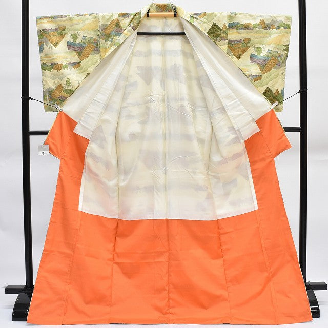 Vintage Japanese Kimono | Tsumugi Kimono | Cream Beige Silk | Landscape Pattern | Size L | Sustainable | rr1523b