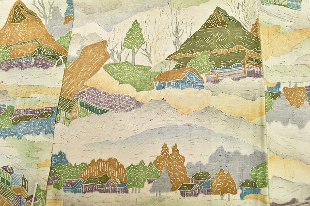 Vintage Japanese Kimono | Tsumugi Kimono | Cream Beige Silk | Landscape Pattern | Size L | Sustainable | rr1523b