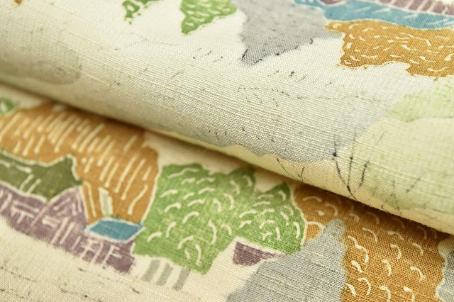 Vintage Japanese Kimono | Tsumugi Kimono | Cream Beige Silk | Landscape Pattern | Size L | Sustainable | rr1523b