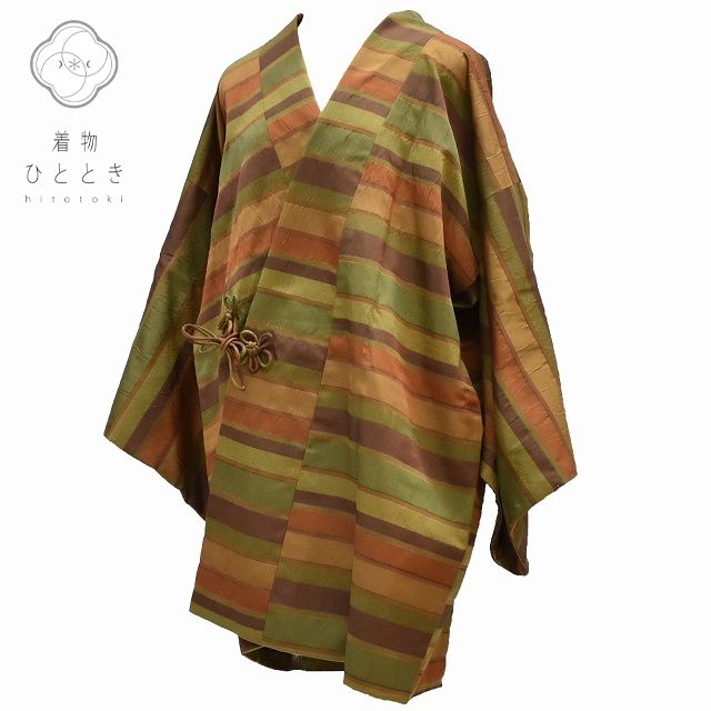 Vintage Japanese Kimono | Dochunagi Coat | Brown Green Silk | Stripe Pattern | Long | Sustainable | rr1546b