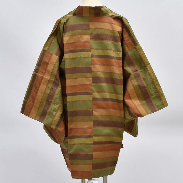 Vintage Japanese Kimono | Dochunagi Coat | Brown Green Silk | Stripe Pattern | Long | Sustainable | rr1546b
