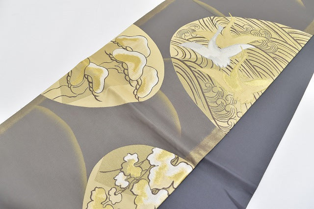 Vintage Japanese Obi | Fukuro Obi | Gray Silk | Crane Botanical Pattern | Formal | Sustainable | rr1561b