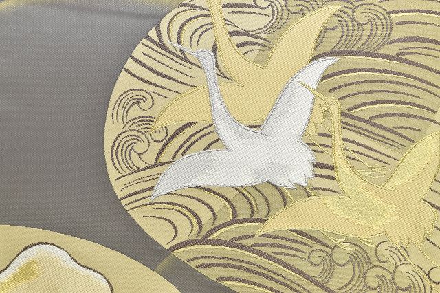 Vintage Japanese Obi | Fukuro Obi | Gray Silk | Crane Botanical Pattern | Formal | Sustainable | rr1561b