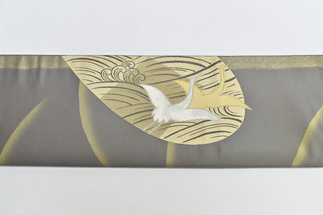 Vintage Japanese Obi | Fukuro Obi | Gray Silk | Crane Botanical Pattern | Formal | Sustainable | rr1561b
