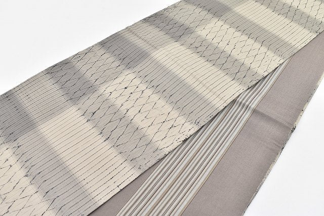 Vintage Japanese Obi | Fukuro Obi | Beige Gray Silk | Shibori Stripe Pattern | Casual | Sustainable | rr1677b