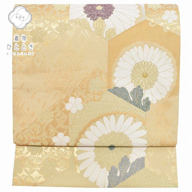 Vintage Japanese Obi | Fukuro Obi | Beige Gold Silk | Chrysanthemum Pattern | Tsuzure Weave | Sustainable | rr1680b