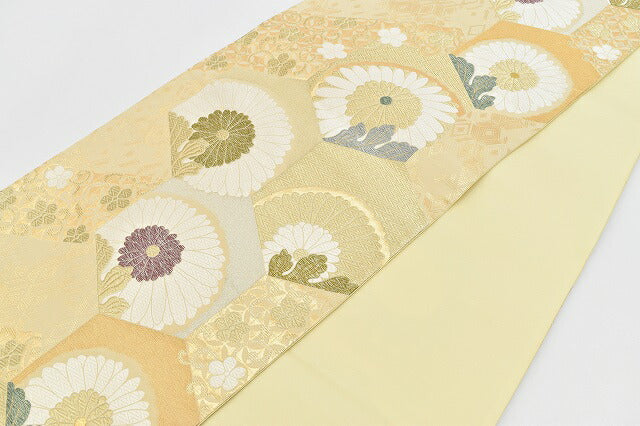 Vintage Japanese Obi | Fukuro Obi | Beige Gold Silk | Chrysanthemum Pattern | Tsuzure Weave | Sustainable | rr1680b