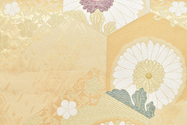 Vintage Japanese Obi | Fukuro Obi | Beige Gold Silk | Chrysanthemum Pattern | Tsuzure Weave | Sustainable | rr1680b