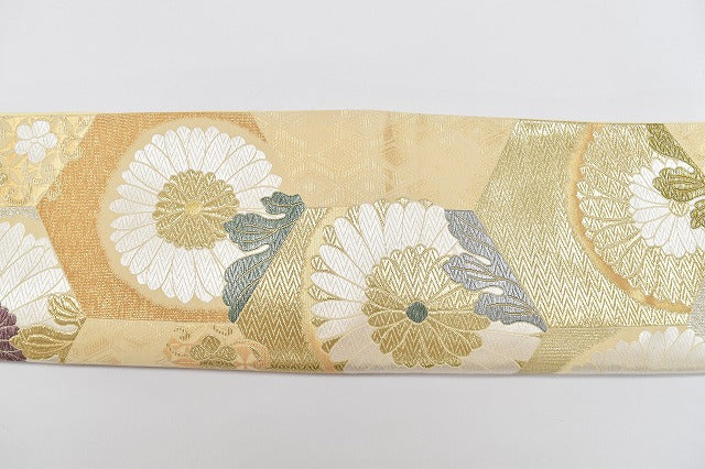 Vintage Japanese Obi | Fukuro Obi | Beige Gold Silk | Chrysanthemum Pattern | Tsuzure Weave | Sustainable | rr1680b