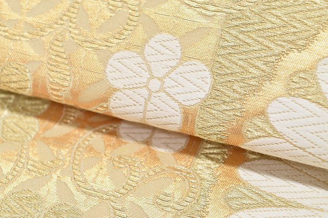 Vintage Japanese Obi | Fukuro Obi | Beige Gold Silk | Chrysanthemum Pattern | Tsuzure Weave | Sustainable | rr1680b