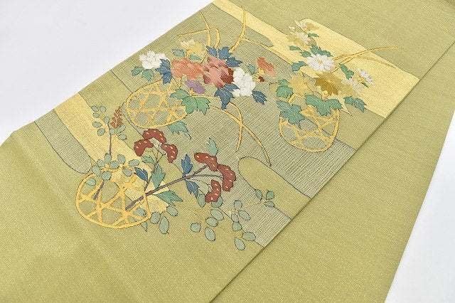 Vintage Japanese Obi | Fukuro Obi | Green Gold Silk | Flower Basket Pattern | Meiтsuzure Weave | Sustainable | rr1684b