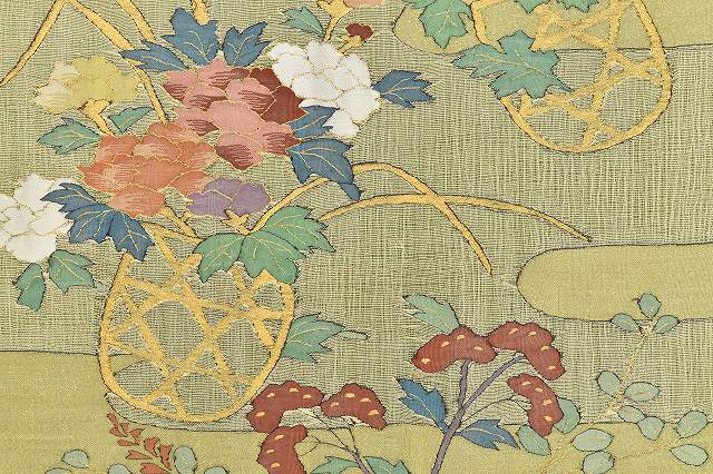 Vintage Japanese Obi | Fukuro Obi | Green Gold Silk | Flower Basket Pattern | Meiтsuzure Weave | Sustainable | rr1684b