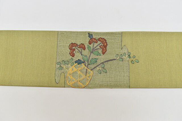 Vintage Japanese Obi | Fukuro Obi | Green Gold Silk | Flower Basket Pattern | Meiтsuzure Weave | Sustainable | rr1684b