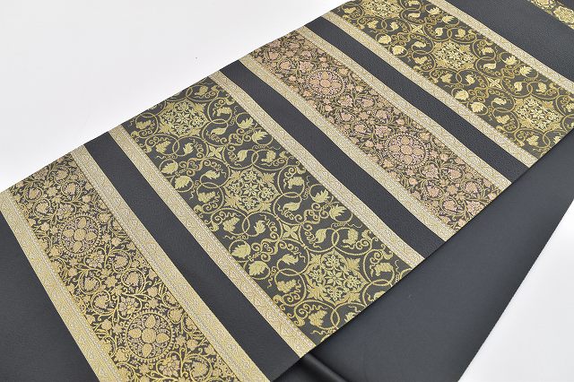 Vintage Japanese Obi | Fukuro Obi | Dark Gray Silk | Floral Arabesque Pattern | Nishijin | Sustainable | rr1692b