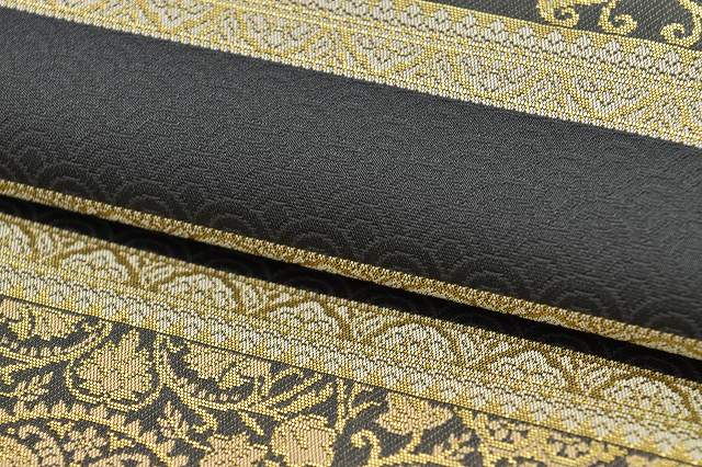 Vintage Japanese Obi | Fukuro Obi | Dark Gray Silk | Floral Arabesque Pattern | Nishijin | Sustainable | rr1692b