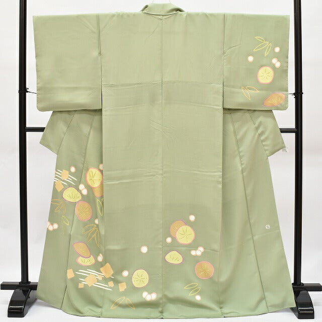 Vintage Japanese Kimono | Houmongi Kimono | Green Silk | Bamboo Pine Pattern | Gold Embroidery | Size M-L | Sustainable | rr1786b