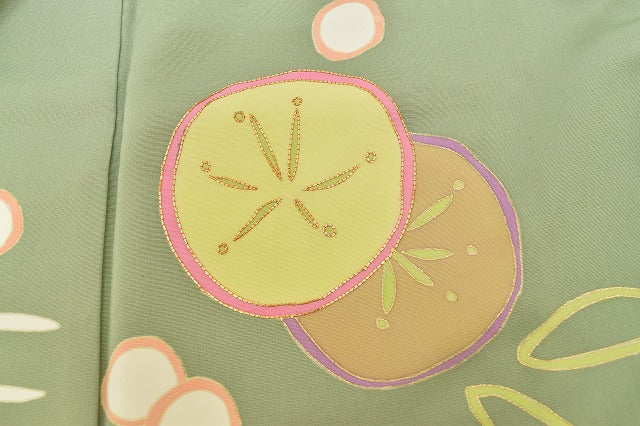 Vintage Japanese Kimono | Houmongi Kimono | Green Silk | Bamboo Pine Pattern | Gold Embroidery | Size M-L | Sustainable | rr1786b