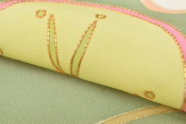 Vintage Japanese Kimono | Houmongi Kimono | Green Silk | Bamboo Pine Pattern | Gold Embroidery | Size M-L | Sustainable | rr1786b