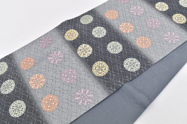 Vintage Japanese Obi | Fukuro Obi | Gray Silk | Court Pattern | Kara-ori | Nishijin | Sustainable | rr1797b