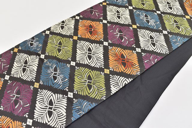 Vintage Japanese Obi | Fukuro Obi | Dark Gray Silk | Flower Diamond Pattern | Kuhyakusainishiki | Sustainable | rr1798b