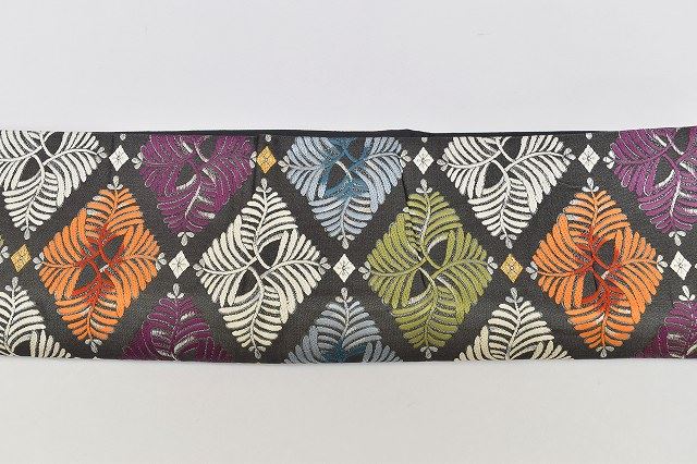 Vintage Japanese Obi | Fukuro Obi | Dark Gray Silk | Flower Diamond Pattern | Kuhyakusainishiki | Sustainable | rr1798b