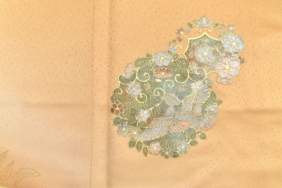Vintage Japanese Kimono | Houmongi Kimono | Gold Ochre Silk | Bird Botanical Pattern | Size S | Sustainable | rr2012b