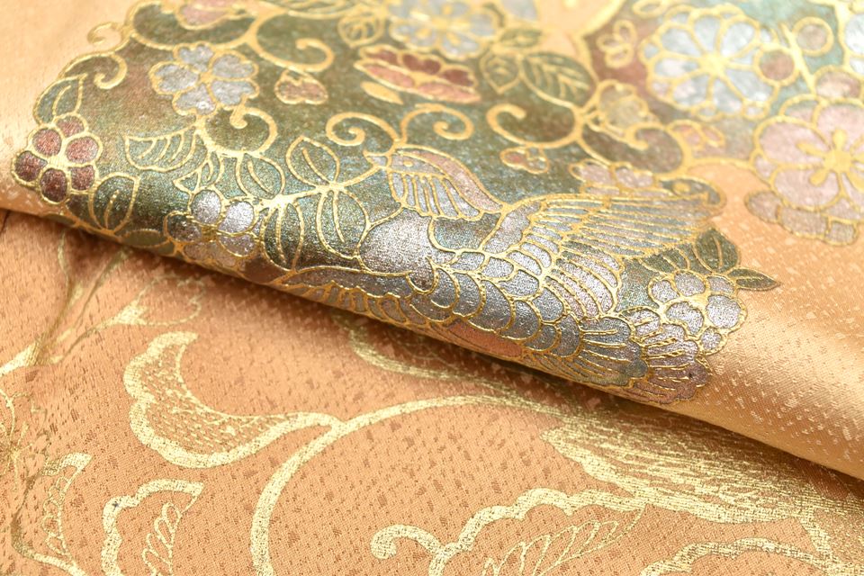 Vintage Japanese Kimono | Houmongi Kimono | Gold Ochre Silk | Bird Botanical Pattern | Size S | Sustainable | rr2012b