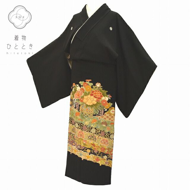 Vintage Japanese Kimono | Black Tomesode Kimono | Silk | Five Crests | Flower Basket | Gold Embroidery | Size L | Sustainable | rr2013b