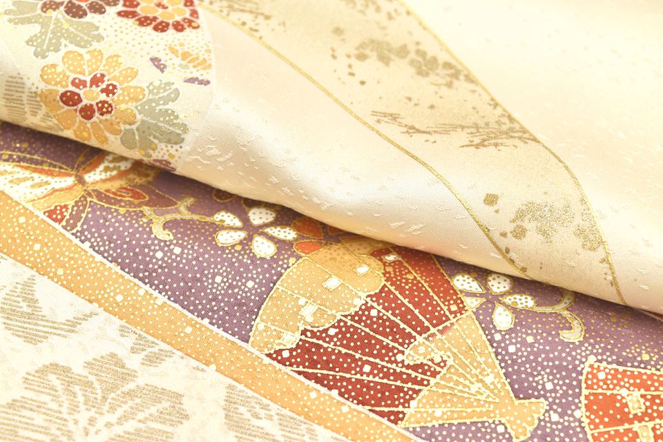 Vintage Japanese Kimono | Houmongi Kimono | Cream Silk | Noshi Fan Pattern | Size M-L | Sustainable | rr2016b